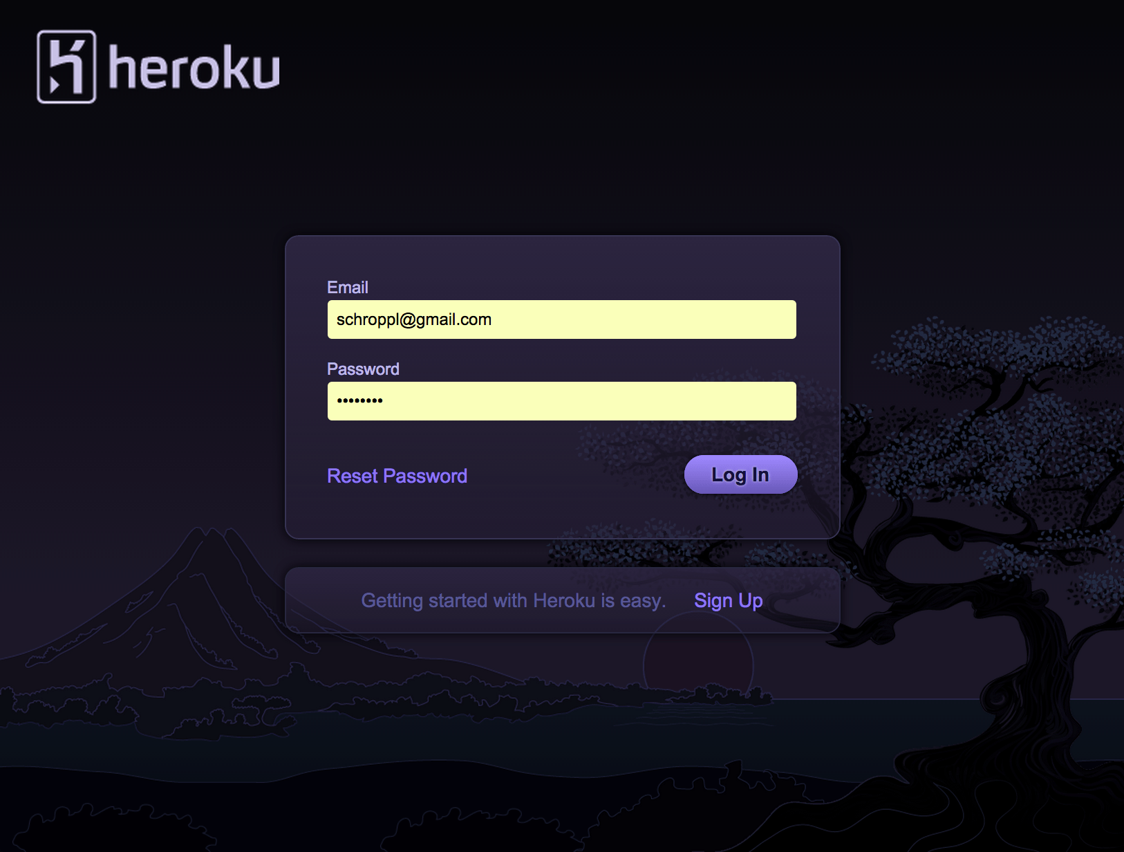 The Heroku sign in screen with autocompleted inputs